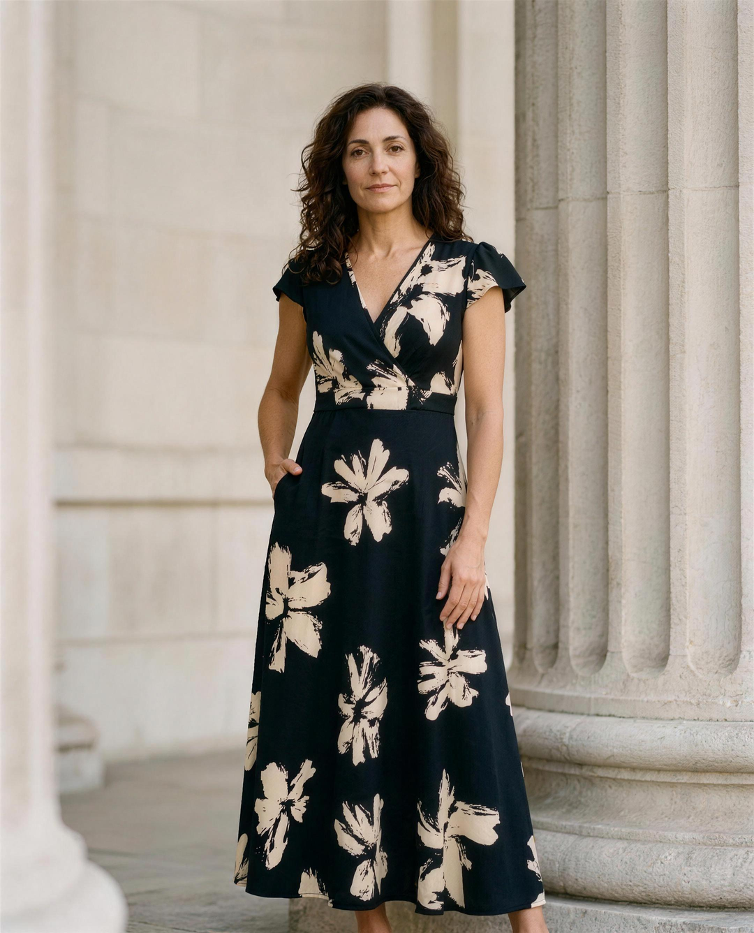 Vestido casual con estampado, escote en V y volantes para mujer