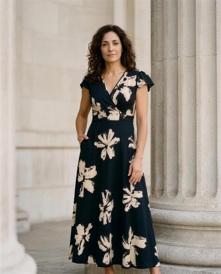 Vestido casual con estampado, escote en V y volantes para mujer