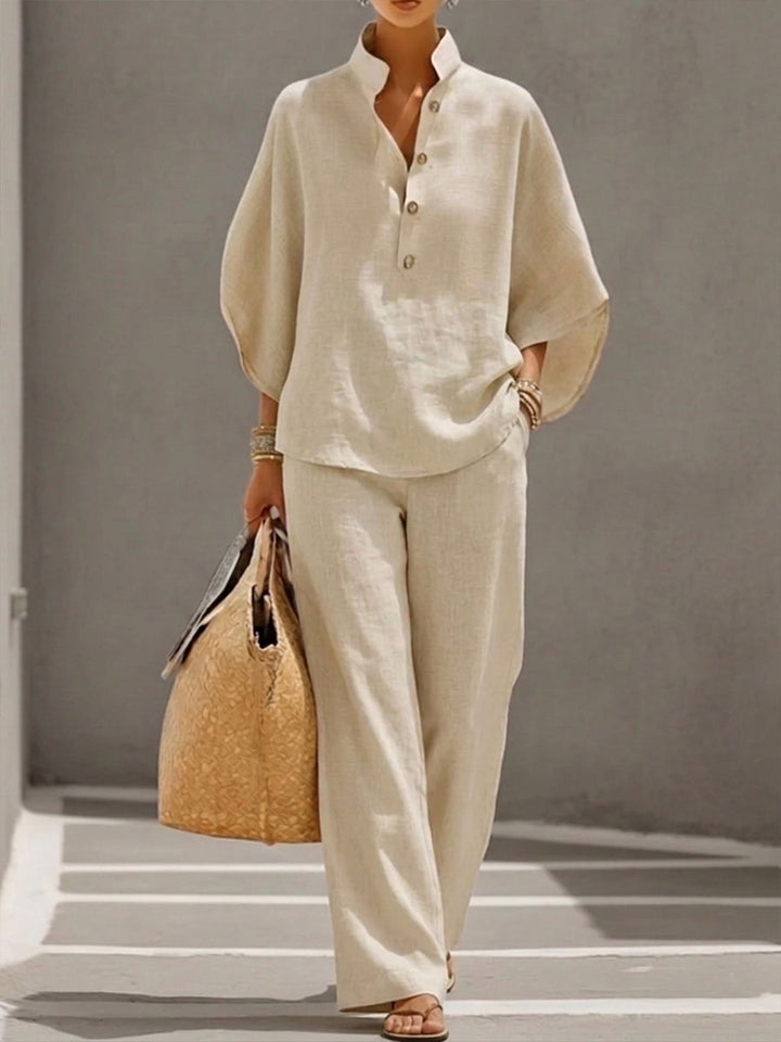 Mariel | Conjunto de algodón y lino con mangas tipo murciélago y pantalón ancho