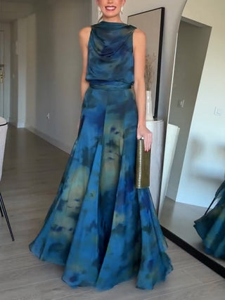 Conjunto de dos piezas: blusa de estampado artístico y falda maxi con estilo