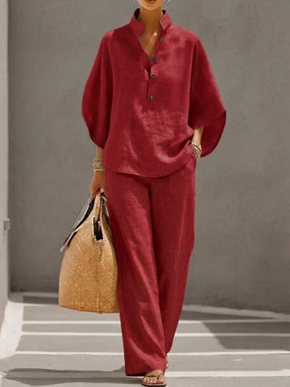 Mariel | Conjunto de algodón y lino con mangas tipo murciélago y pantalón ancho