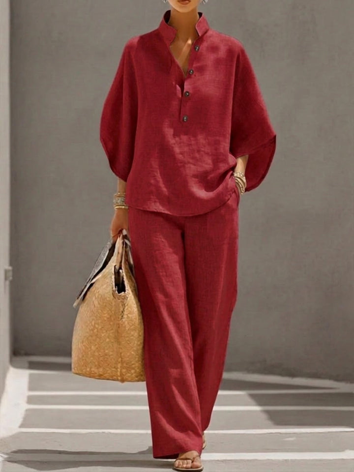 Mariel | Conjunto de algodón y lino con mangas tipo murciélago y pantalón ancho