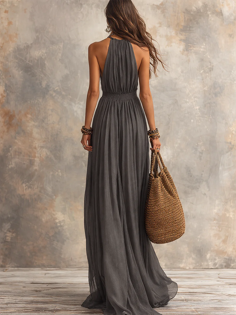 Vestido maxi de algodón-lino con cuello halter, elegante y minimalista