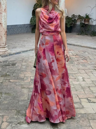 Conjunto de dos piezas: blusa de estampado artístico y falda maxi con estilo