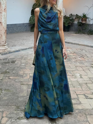Conjunto de dos piezas: blusa de estampado artístico y falda maxi con estilo