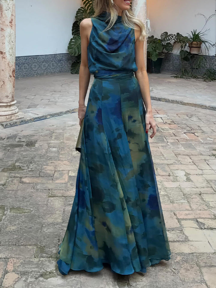 Conjunto de dos piezas: blusa de estampado artístico y falda maxi con estilo