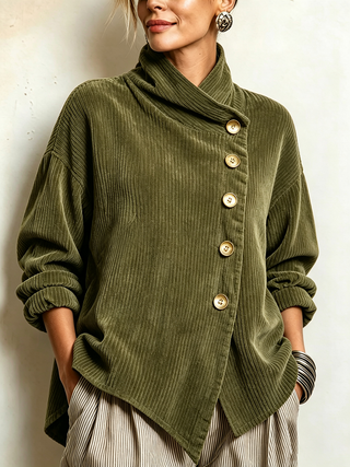 LUCILLA | Casaca de Pana con Cuello Alto y Botonadura Diagonal, Verde Oliva