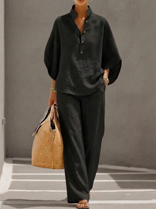 Mariel | Conjunto de algodón y lino con mangas tipo murciélago y pantalón ancho