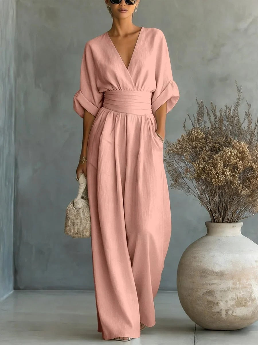 Mono elegante con escote en V y cintura alta