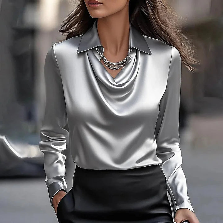 Blusa de satén sedoso con escote drapeado, estilo Milán