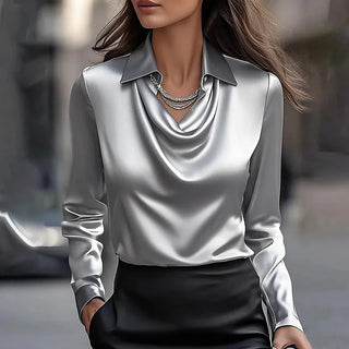 Blusa de satén sedoso con escote drapeado, estilo Milán