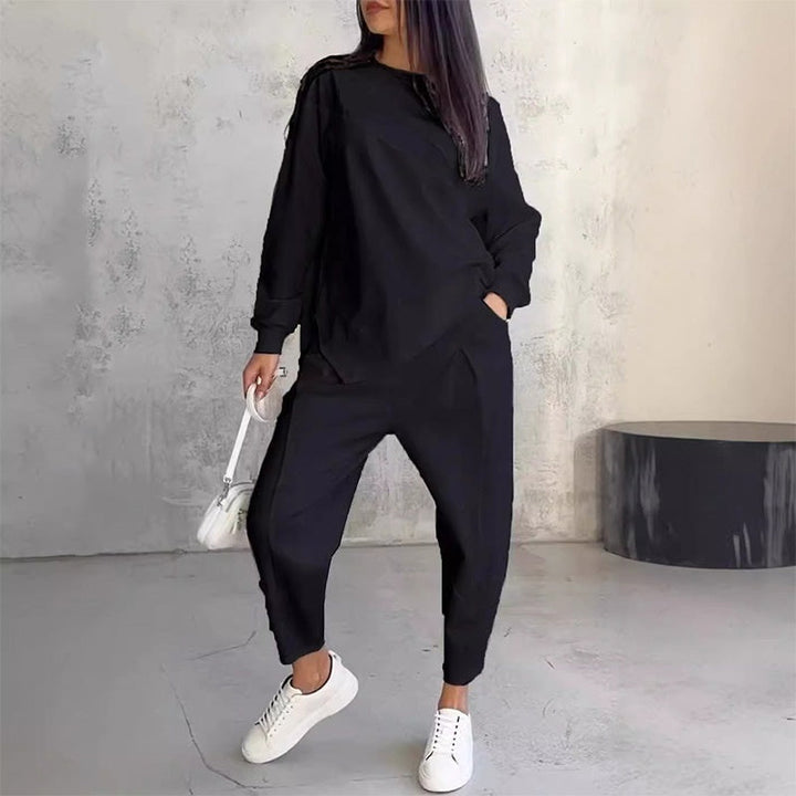 Conjunto de dos piezas para mujer: sudadera de felpa de manga larga con dobladillo asimétrico y pantalones