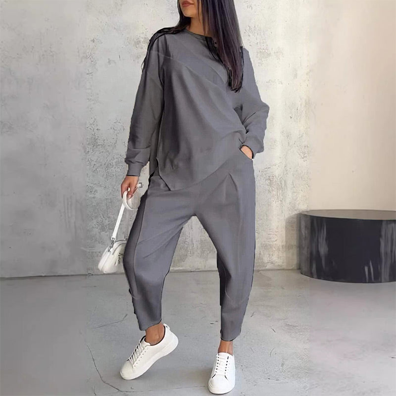 Conjunto de dos piezas para mujer: sudadera de felpa de manga larga con dobladillo asimétrico y pantalones