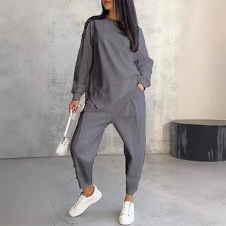 Conjunto de dos piezas para mujer: sudadera de felpa de manga larga con dobladillo asimétrico y pantalones