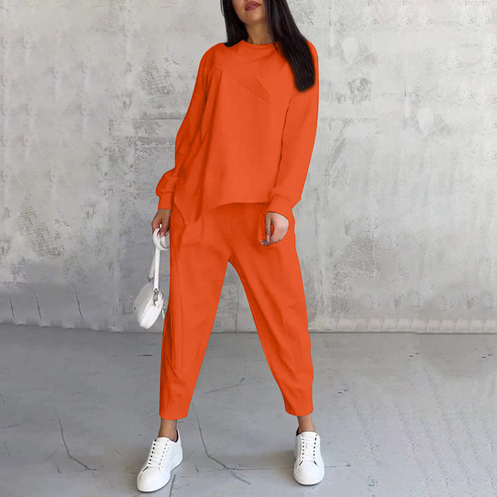 Conjunto de dos piezas para mujer: sudadera de felpa de manga larga con dobladillo asimétrico y pantalones