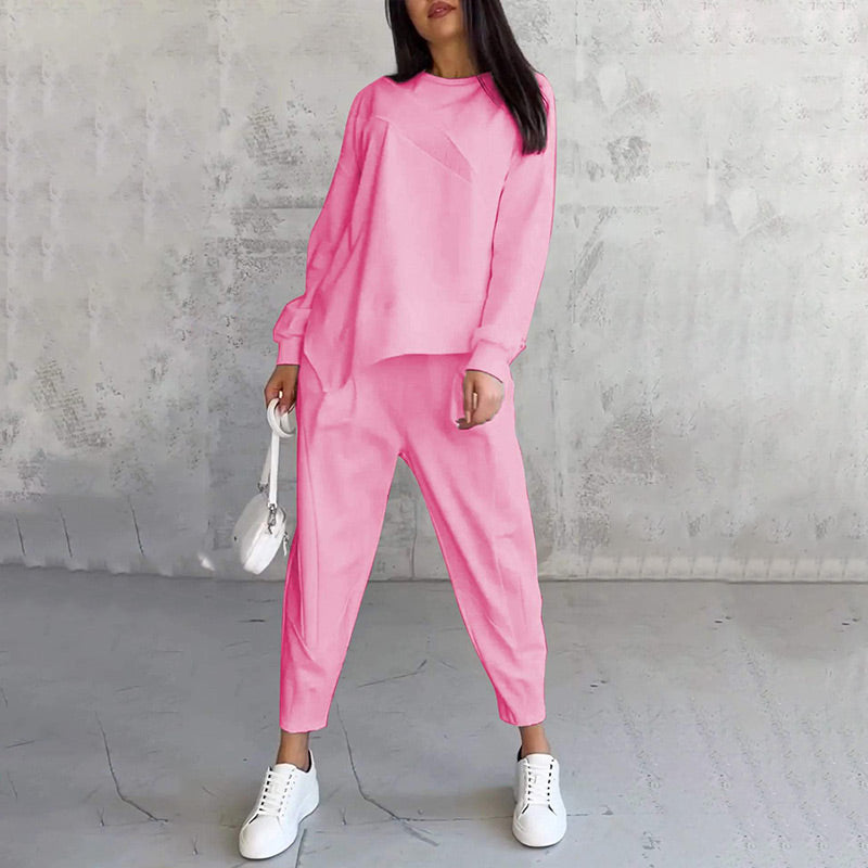 Conjunto de dos piezas para mujer: sudadera de felpa de manga larga con dobladillo asimétrico y pantalones