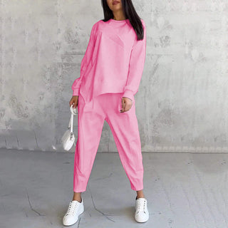 Conjunto de dos piezas para mujer: sudadera de felpa de manga larga con dobladillo asimétrico y pantalones