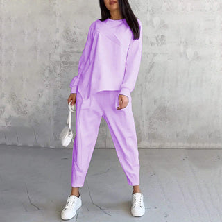 Conjunto de dos piezas para mujer: sudadera de felpa de manga larga con dobladillo asimétrico y pantalones