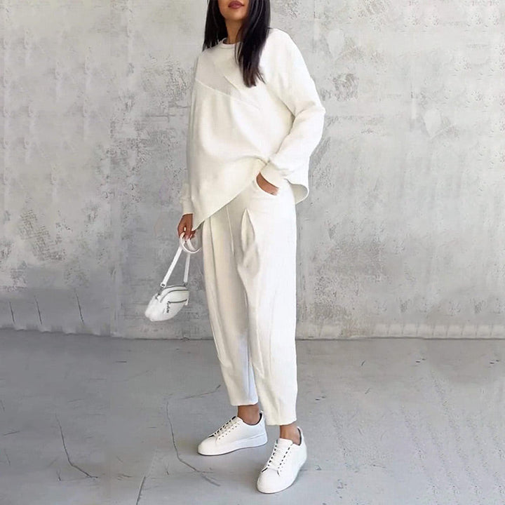 Conjunto de dos piezas para mujer: sudadera de felpa de manga larga con dobladillo asimétrico y pantalones