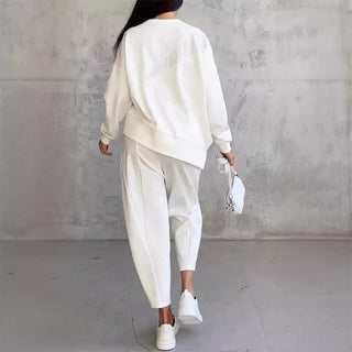 Conjunto de dos piezas para mujer: sudadera de felpa de manga larga con dobladillo asimétrico y pantalones