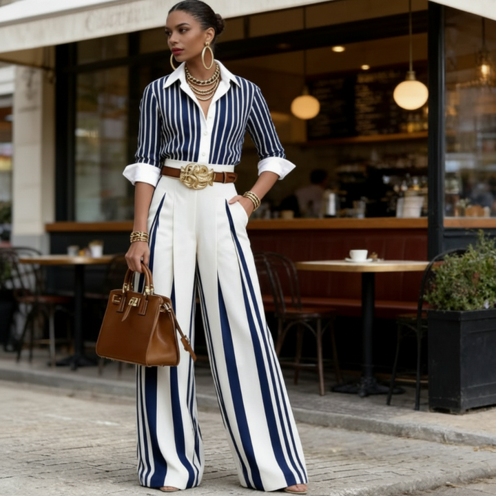 Conjunto de 2 piezas para mujer: camisa a rayas y pantalón ancho