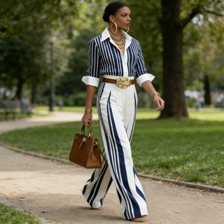 Conjunto de 2 piezas para mujer: camisa a rayas y pantalón ancho