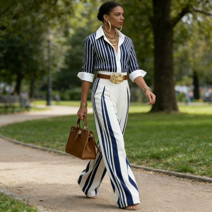 Conjunto de 2 piezas para mujer: camisa a rayas y pantalón ancho