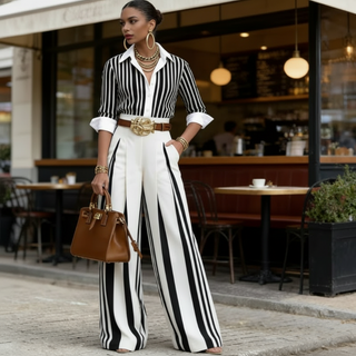 Conjunto de 2 piezas para mujer: camisa a rayas y pantalón ancho