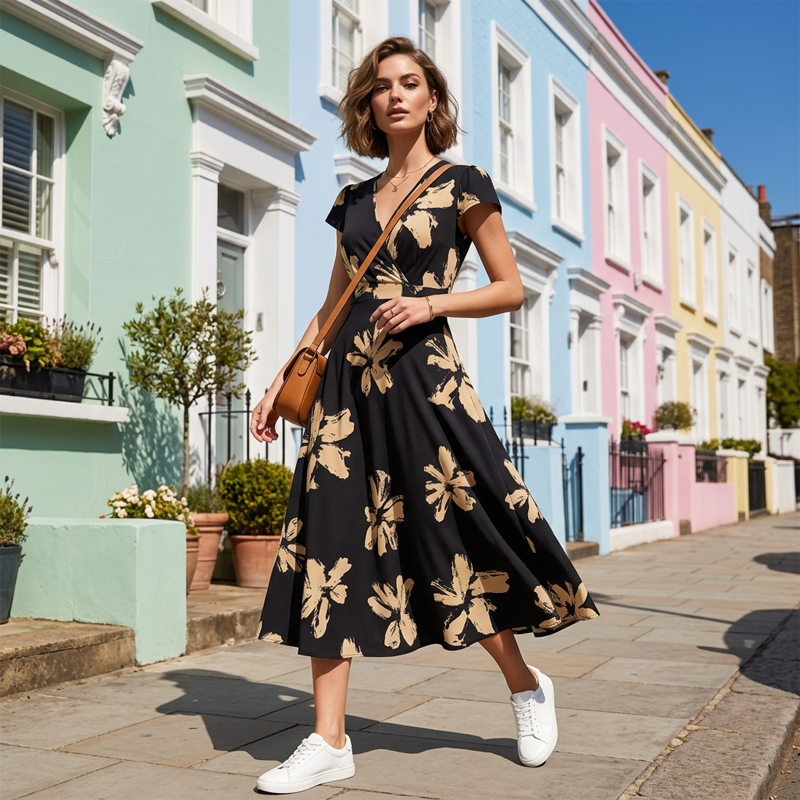 Vestido casual con estampado, escote en V y volantes para mujer