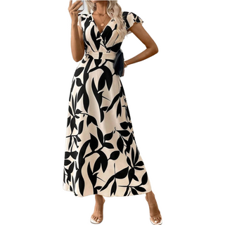 Vestido casual con estampado, escote en V y volantes para mujer