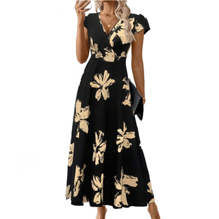 Vestido casual con estampado, escote en V y volantes para mujer
