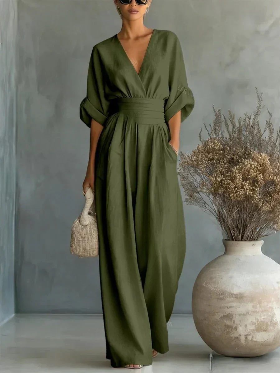 Mono elegante con escote en V y cintura alta