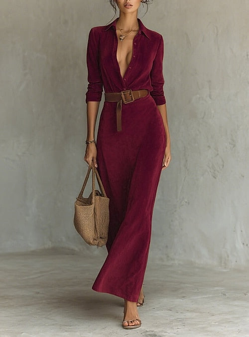 Vestido maxi de mujer con cuello tipo solapa, cierre delantero sencillo, mangas largas